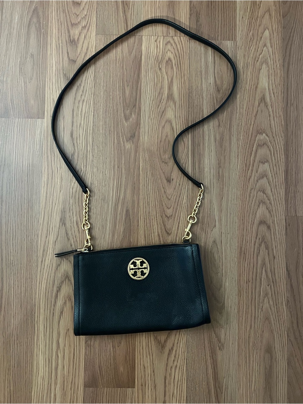 Tory Burch Black Leather Crossbody with Gold Logo Hardware